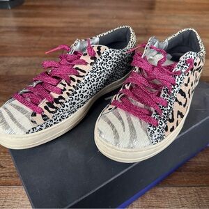 P448 Leopard & Zebra Mixed-Print Sneakers with Magenta Laces